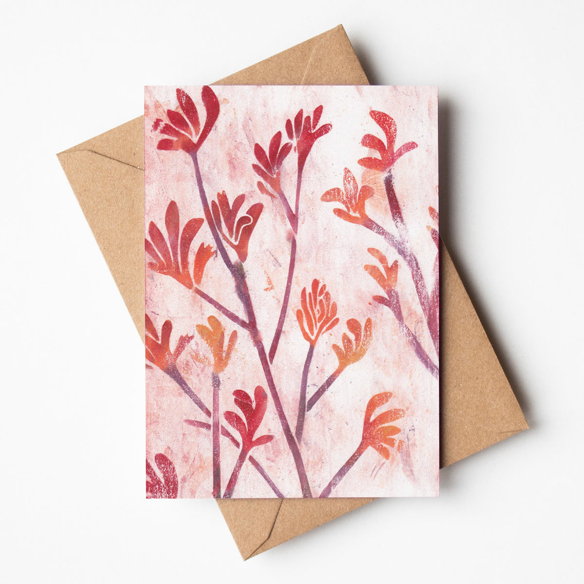 Red Kangaroo Paw Monoprint - A6 Greeting Card